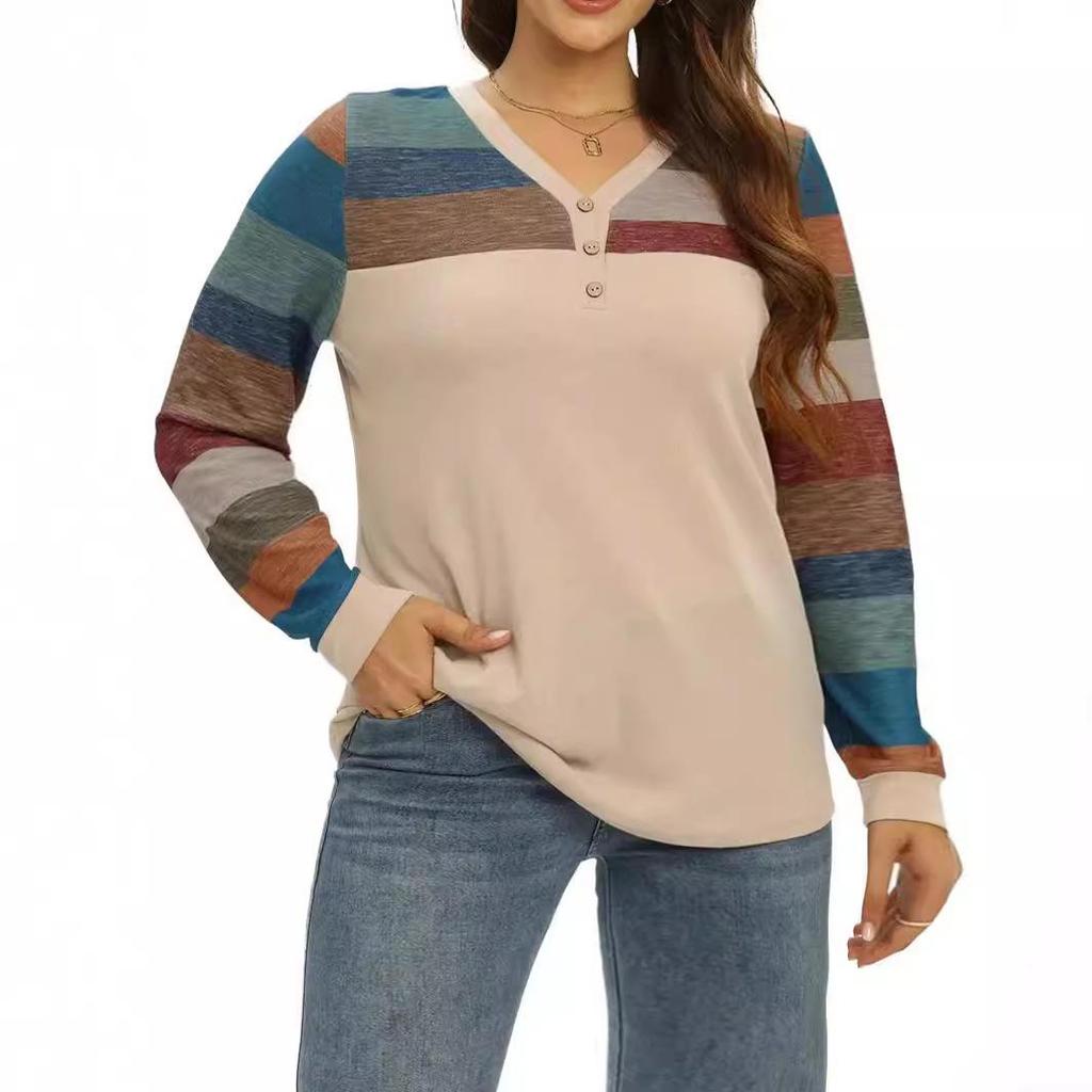 Plus Size Women's Striped Patchwork V-Neck Long Sleeve T-Shirt for Spring & Autumn