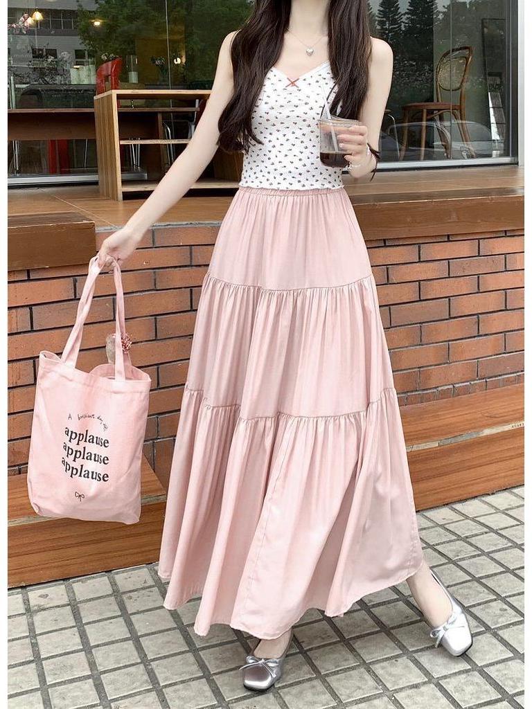 Sweet Petite Slimming Pleated Long Skirt: Lined, Layered, Solid Color, Waist-Cinching Half-Skirt for Women