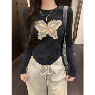 T-shirt manches longues femme automne coupe ajustée court denim brodé papillon patchwork haut