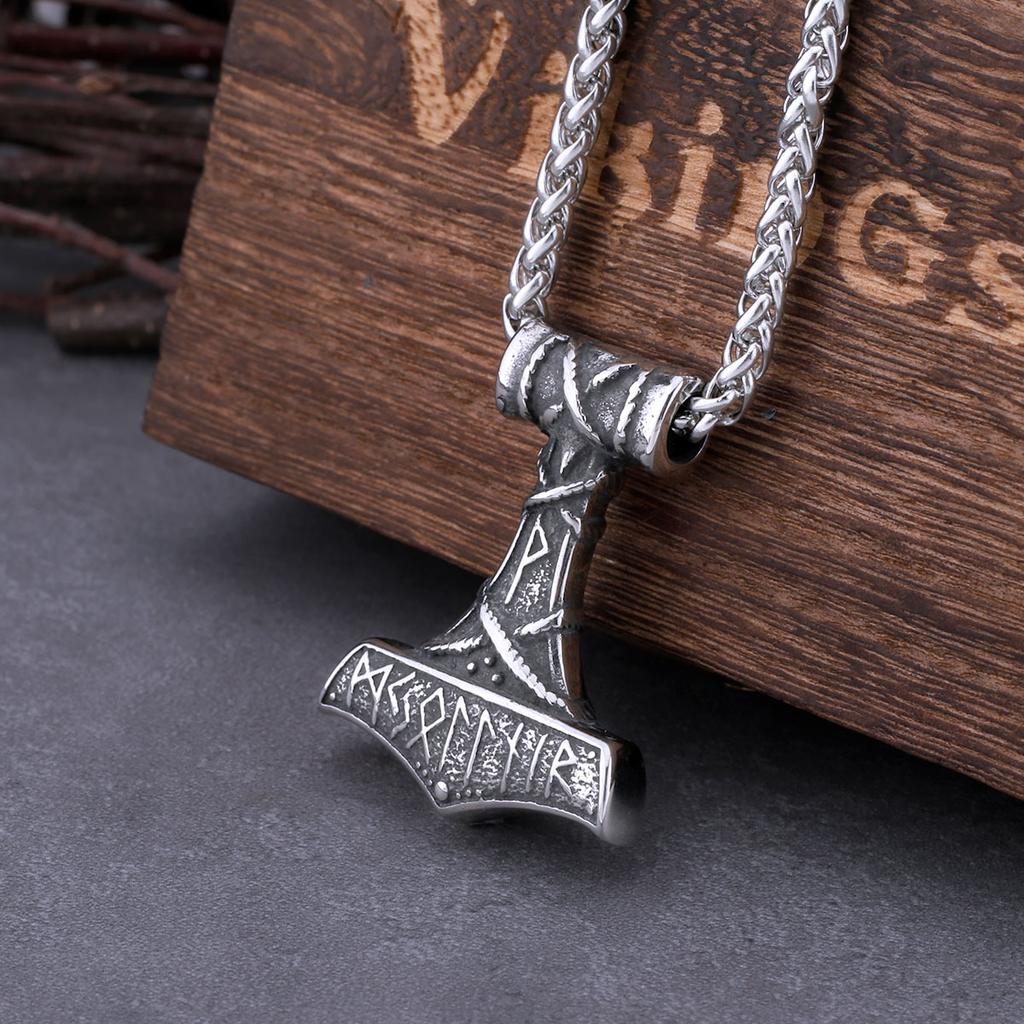 Vintage Nordic Vikings Anchor Odin Rune Necklace Stainless Steel Mjolnir Pendant Punk Jewelry Gift for Men