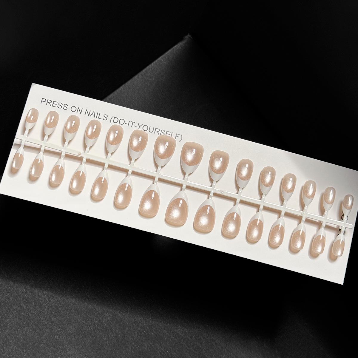 Milky White Cat Eye French Press-On Nails - Nude Almond, Medium-Short, 30 Pieces.