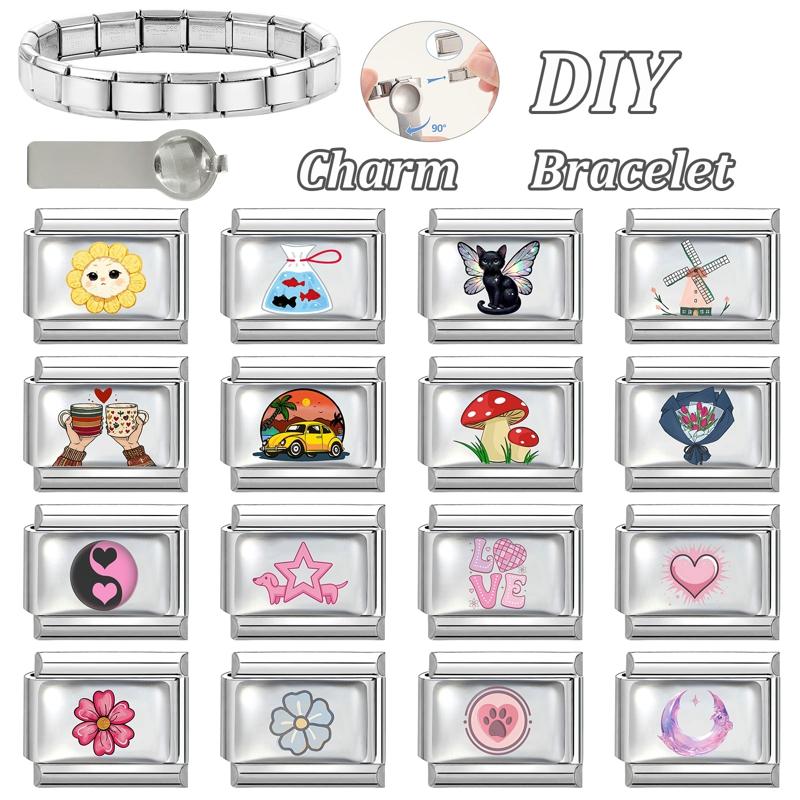 Wholesale Women's Creative Sunflower Mushroom Cat Butterfly Star Dog Charm Fit 9mm Stainless Steel Bracelet DIY Jewelry Gifts