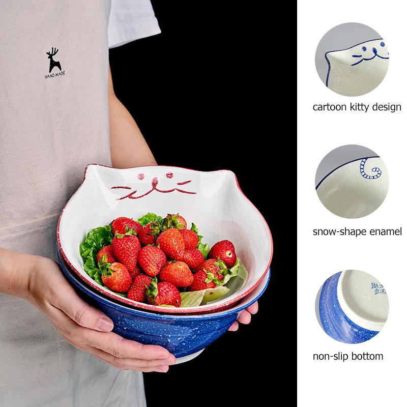 8 Inch Cartoon Kitty Bowl Ceramic Noodle Bowl Large Ramen Bowl Chinese Restaurant Dinnerware Maneki Neko Cat Soup Salad Bowl