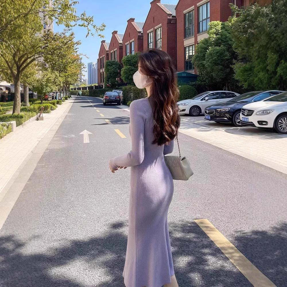 Autumn Sling Slim-fit V-neck Bodycon Knitted Dress