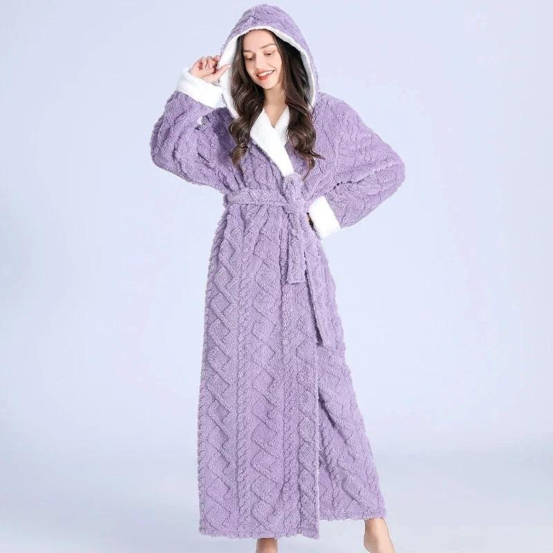Loose Long Thick Bath Robe Hooded Winter Thick Women Bathrobe Flannel Terry Warm Comfortable Sleepwear for Female Dressing Gown