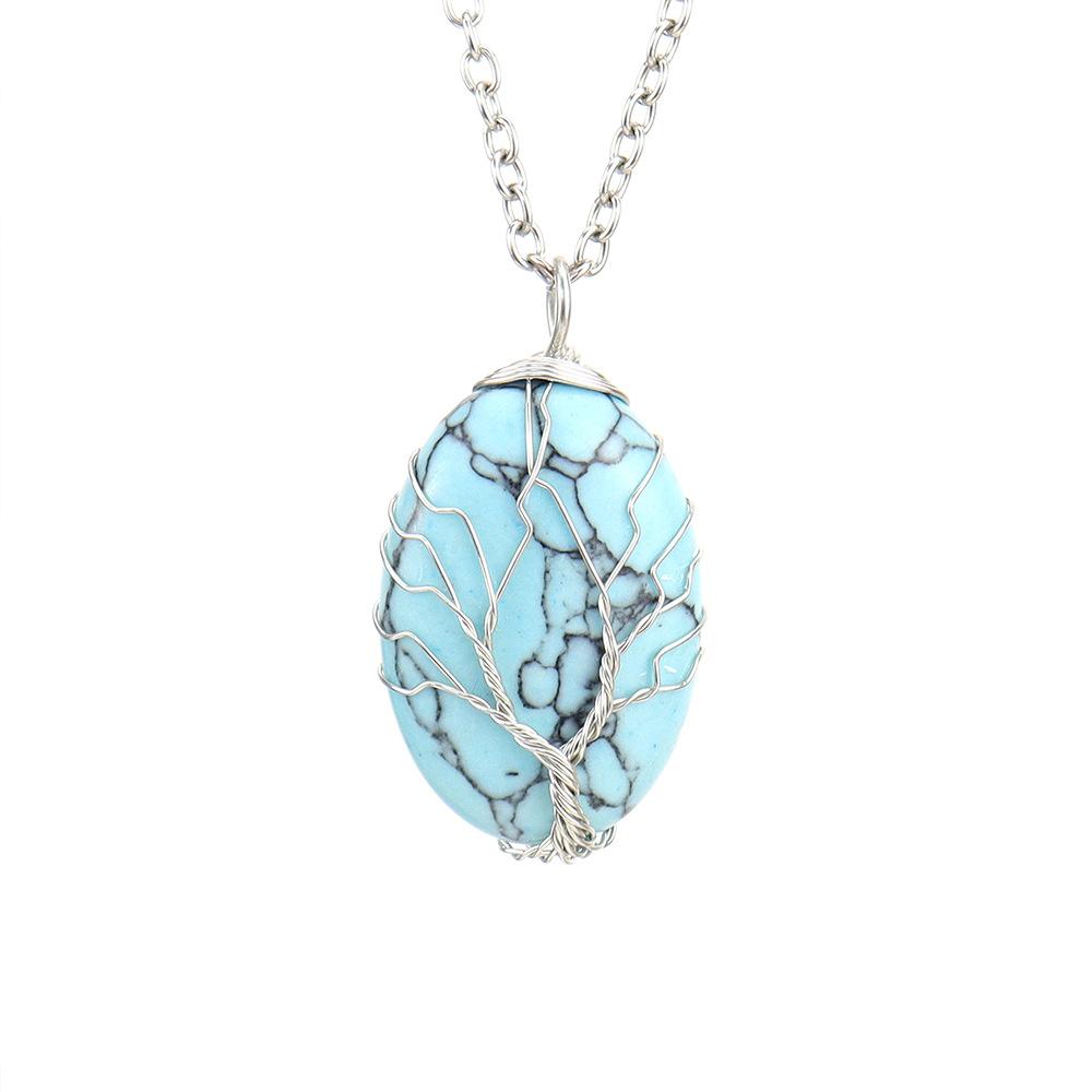 Natural Rough Crystal Amethyst Tiger Stone Oval Tree Of Life Pendant Necklace N643