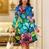 Women's Bohemian Casual Midi Dress Print Round Neck Long Sleeve A Line Loose Swing Dresses