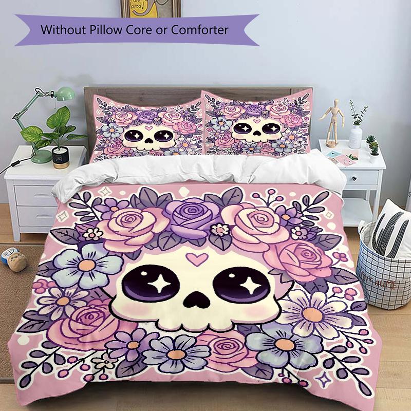 

3pcs Pink Cute Skull Print Bedding Set (Without Inserts), Suitable for Use in Bedrooms and Guest Rooms.N075 135x200cm