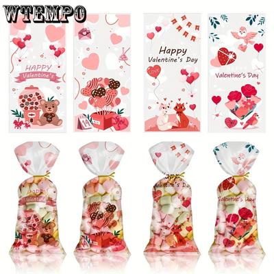100 Stück/Packung Valentinstag Party Süßigkeitentüten Plastik Valentinstag Süßigkeitentüten Kekstüten 4 Designs mit Drehverschlüssen für Valentinstag Partyzubehör