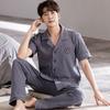 Summer Men's Short Sleeve Pajamas Set & Long Pants Male Loungewear Plus Size Cardigan Cotton Middle-aged Dad Pijamas Hombre