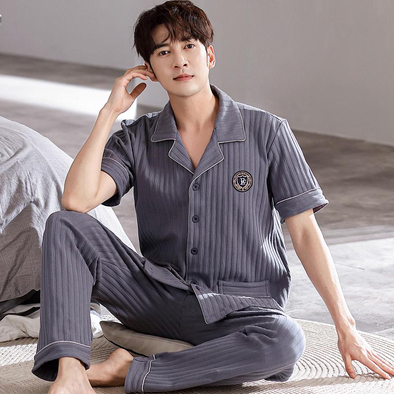 Summer Men's Short Sleeve Pajamas Set & Long Pants Male Loungewear Plus Size Cardigan Cotton Middle-aged Dad Pijamas Hombre