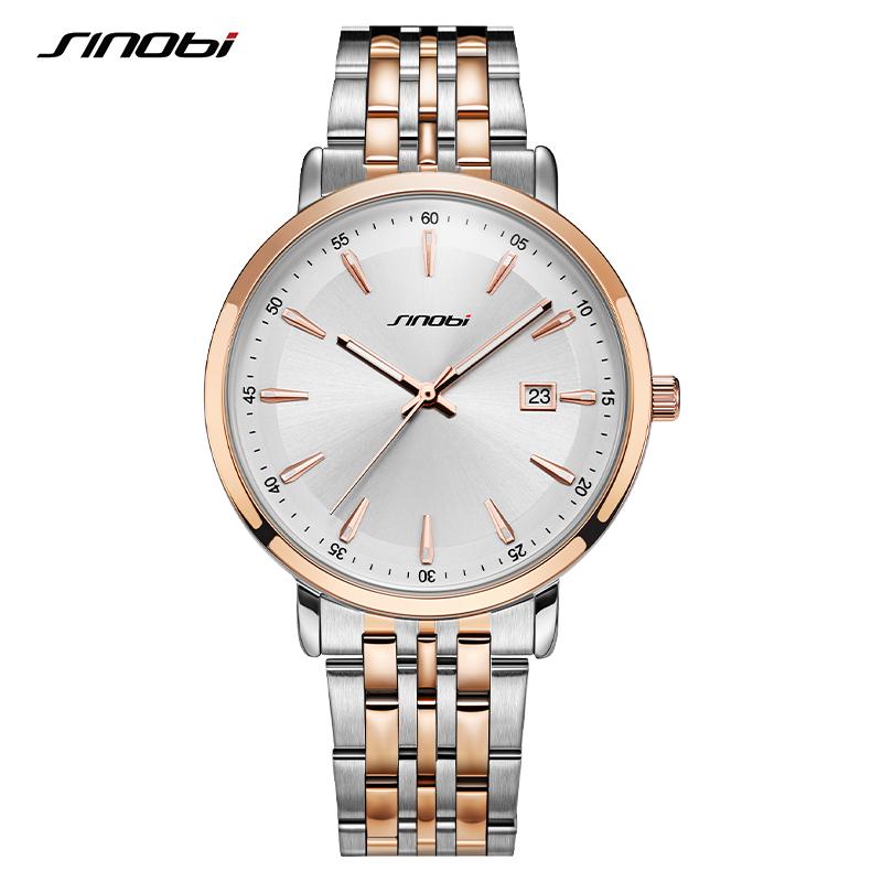 SINOBI Brand Business Men's Quartz Watches 38mm Dial Plate Stainless Steel Strap Calendar Date High Quality Men Wristwatch