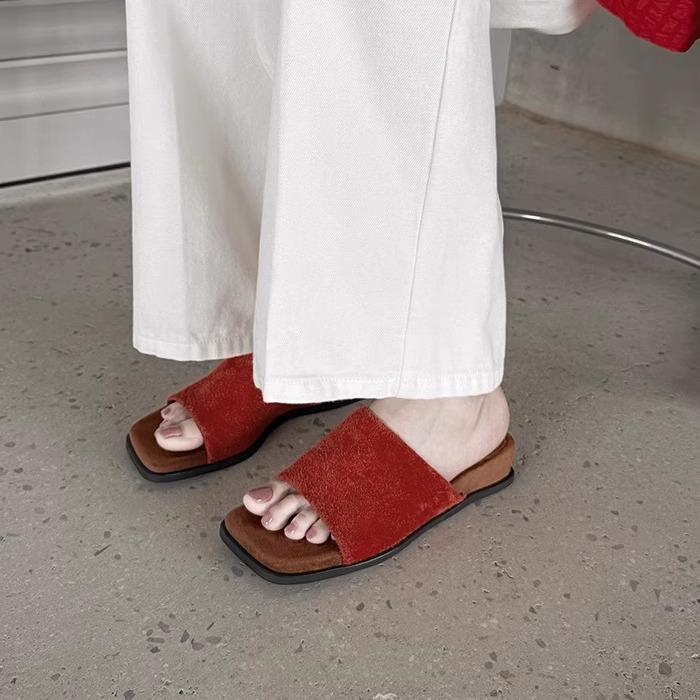 

Модные шлепанцы с квадратным носком, открытым носком, на плоской подошве, женские, 2025 лето, новая коллекция, универсальные сандалии с открытым носком 40 красный