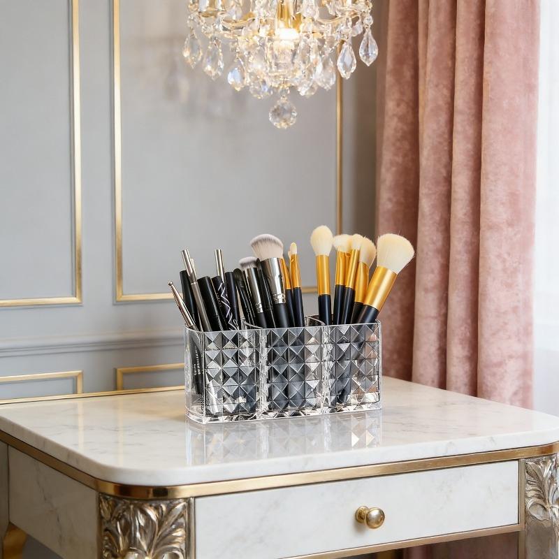 Cosmetics Storage Box Three Grid Pen Holder Transparent Acrylic Organizer for Eyebrow Pencil Makeup Brush Desktop Vanity Storage