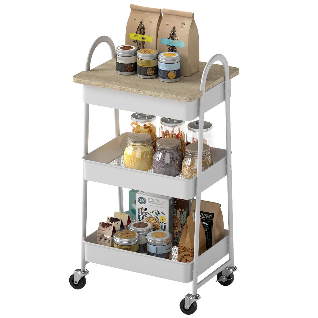 3-Tier Kitchen Storage Trolley with on Wheels Cover Top Board - White and Oak
