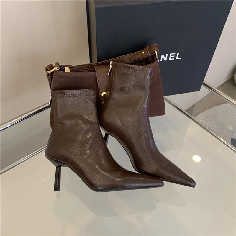 2025 Spring Pointed Toe Women Modern Ankle Boots Fashion Soft Leather Short Booties Concise High Heels Shoes