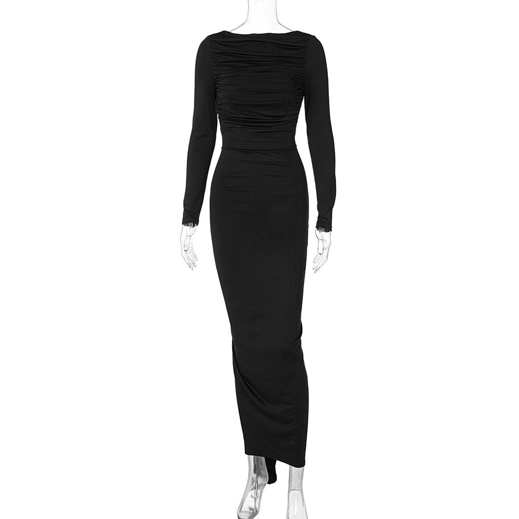 Women's Clothing 2025 Autumn and Winter New Fashion Sexy Backless Pleated Slim Long-sleeved Dress Women