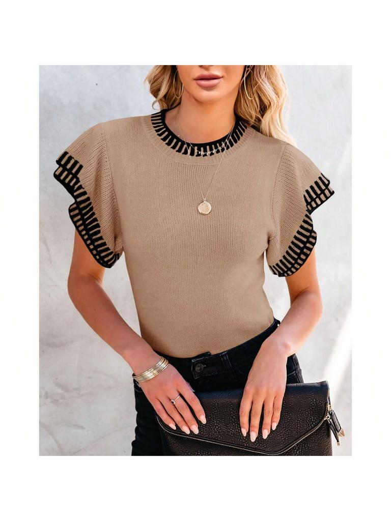 Women's Striped Ruffle Short Sleeve Knit Sweater Crew Neck Loose Summer Top
