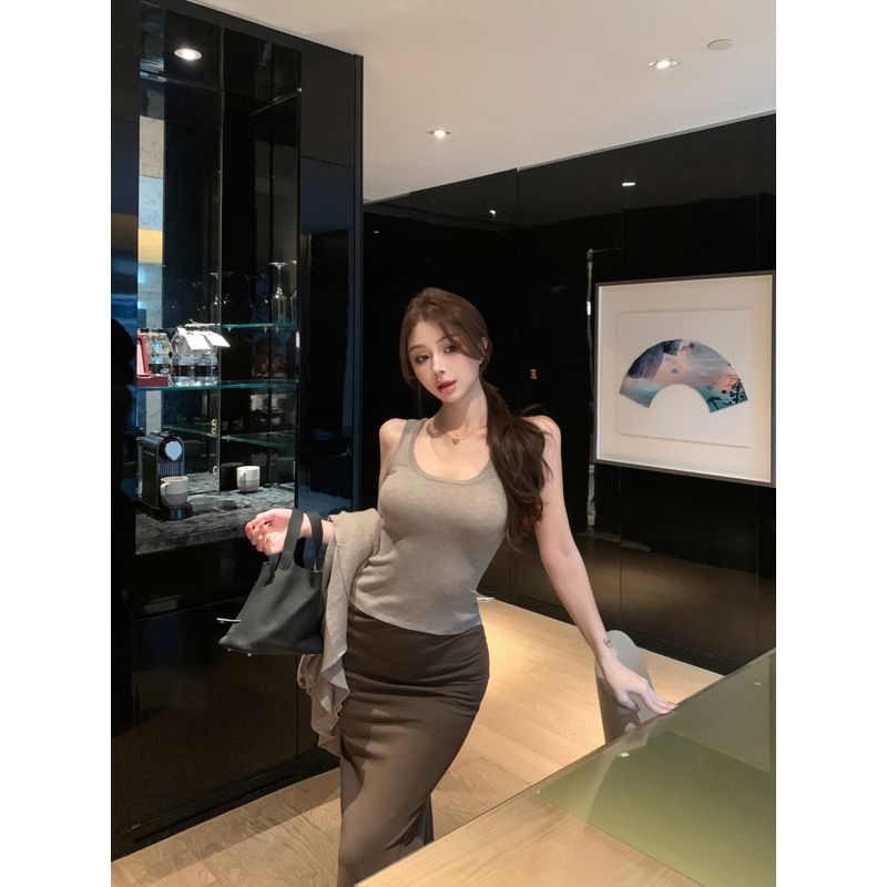 Kumikumi Idle Style Thin Knit cardigan Inner wear Vest Women Autumn Slimming Skirt Long dress Three-Piece Set