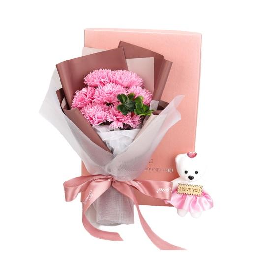Valentine's Day Flower Bouquet with Bear And Gift Box 7 Scented Soap Flowers Artificial Rose Carnation Bouquet for