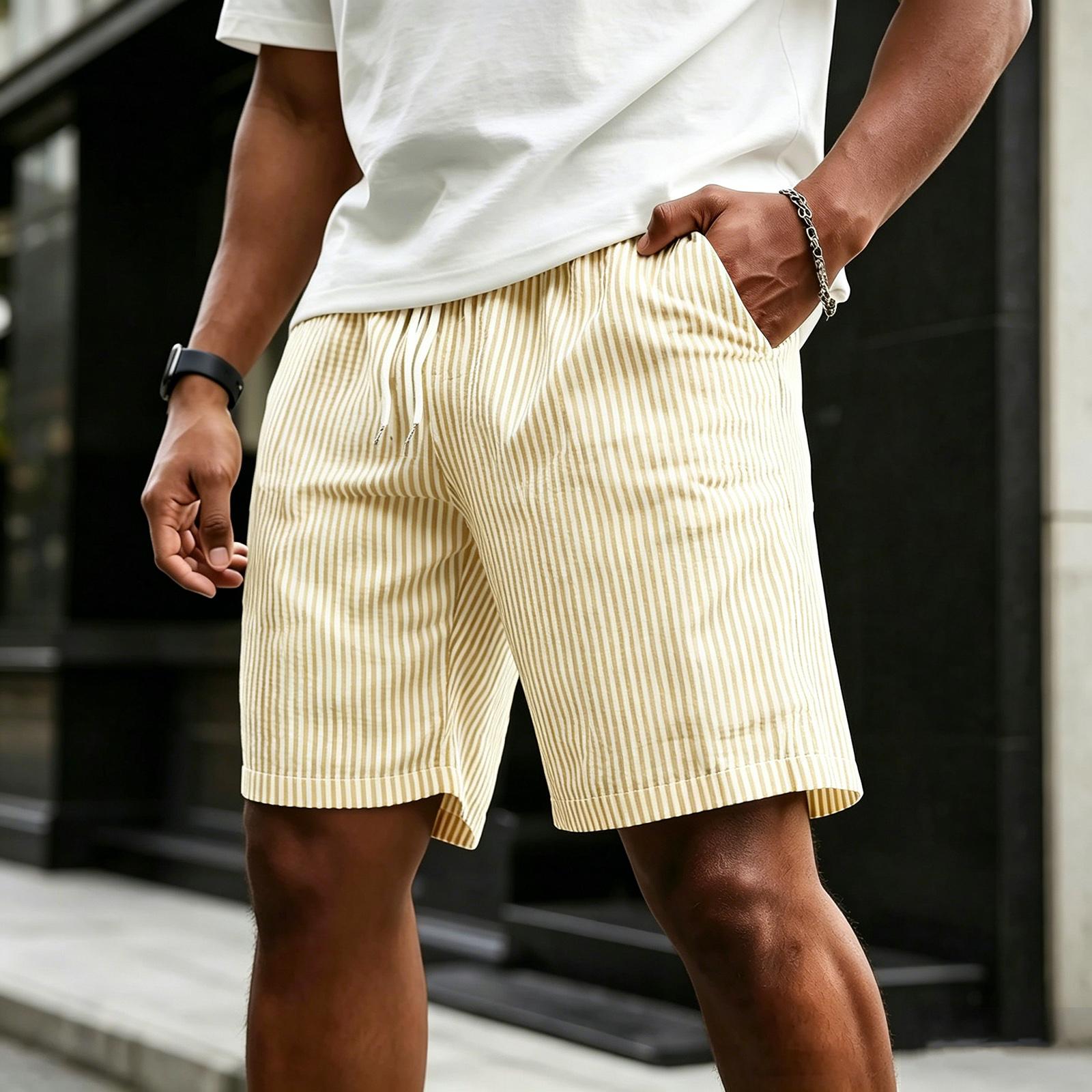 

Men s Casual Striped Linen Shorts, Elastic Waist Drawstring Summer Beach Shorts With Pockets, Loose Fit Cotton Linen Shorts XXXXL жёлтый
