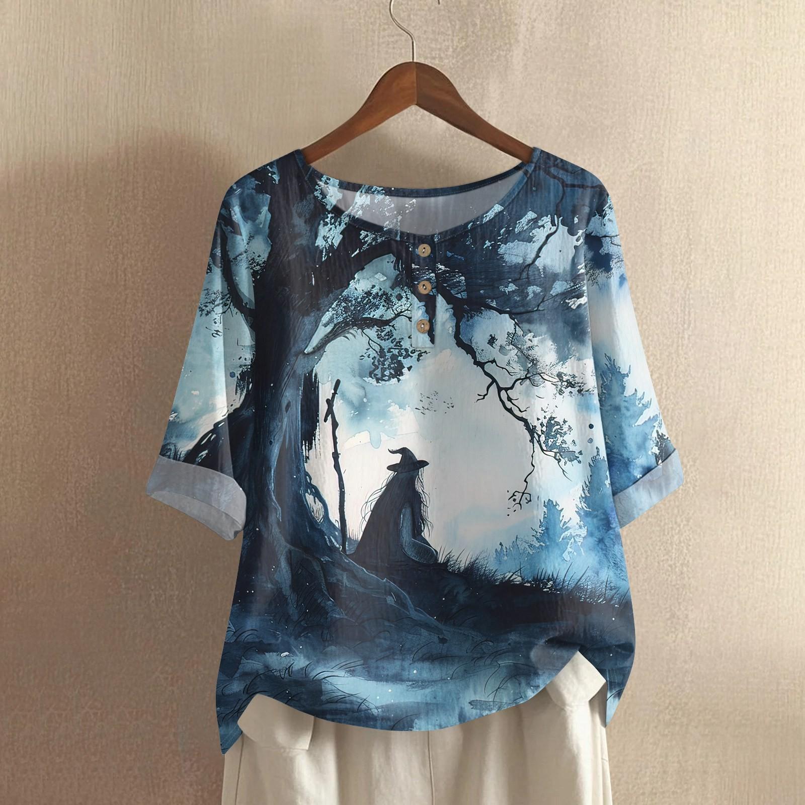 

Женская модная и повседневная рубашка с полурукавом, круглым вырезом, принтом, из хлопка и льна, блузка-топ S