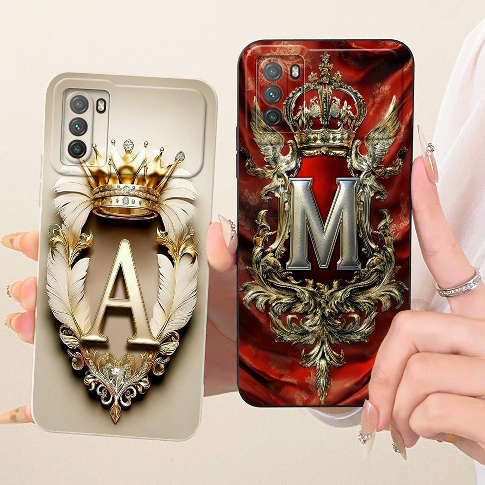 For Xiaomi Poco M3 Case Cover Luxury A-Z Letters Fashion Crown 2D Painted Bumper For PocoM3 M2010J19CG M2010J19CI Casing