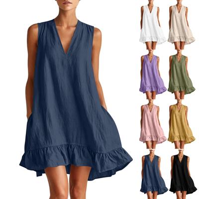 Women V Neck Sleeveless Ruffle Hem Loose Fit Dress with Pockets Summer Casual Lightweight Solid Tunic Dress for Daily Wear
