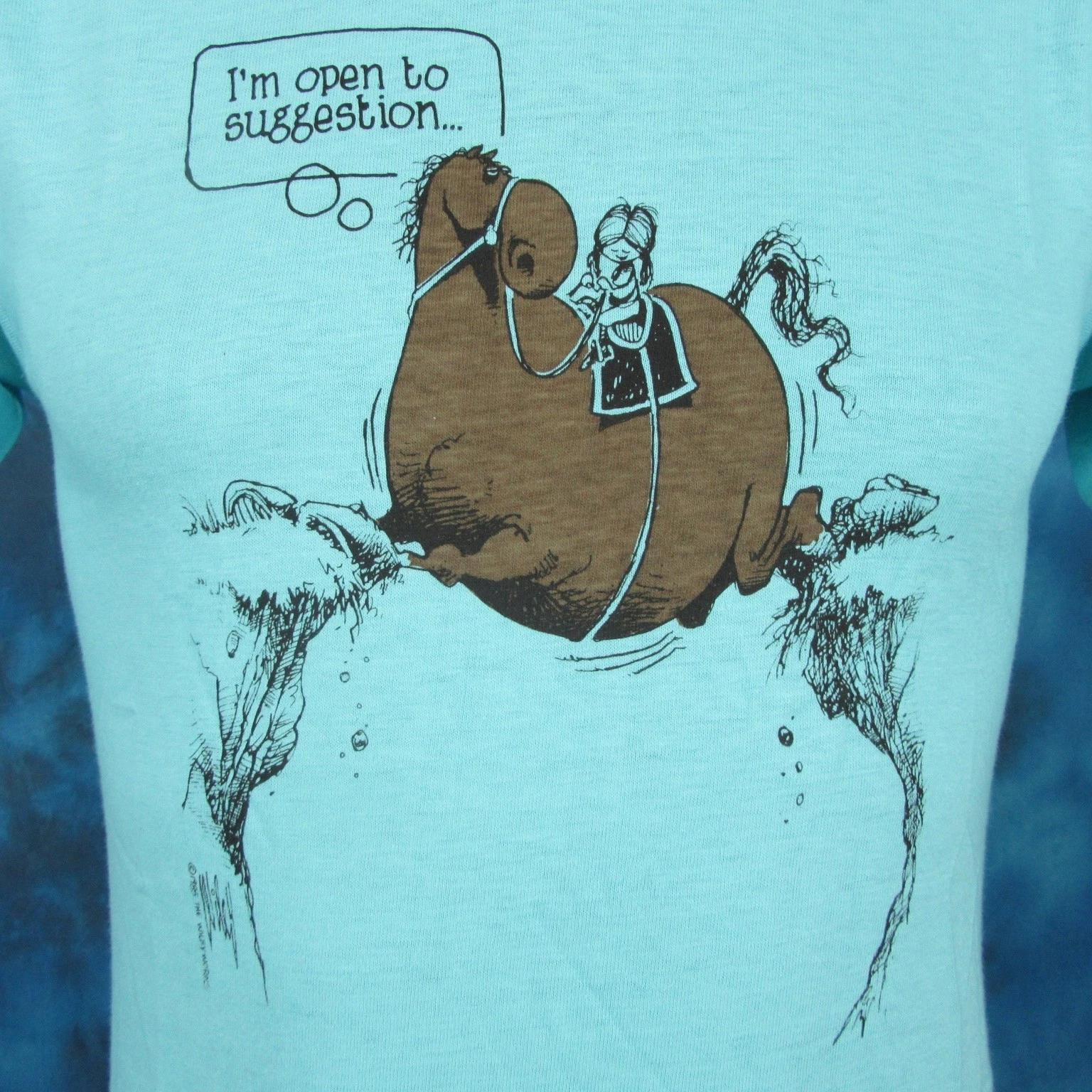 vtg 80s HORSE OPEN TO SUGGESTION CARTOON WILEY MILLER T-Shirt XS single stitch S