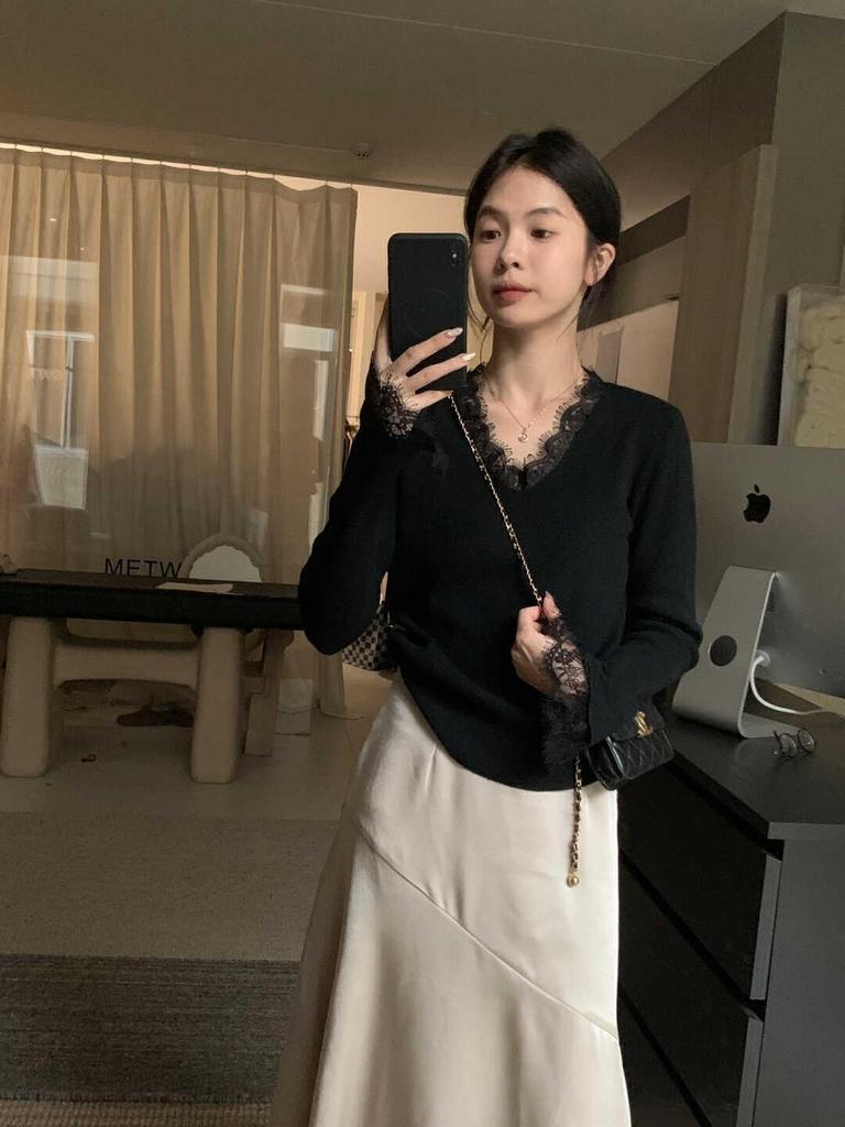 Lace neck knitted sweater women's high-end flared sleeve top spring versatile temperament inner bottoming shirt