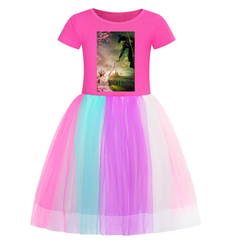Kids Girls Witch Glinda Print Mesh Rainbow Round Neck Casual Cotton Dress