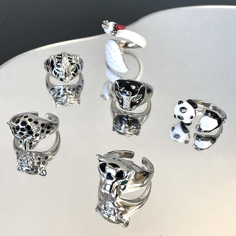 Tiger Panda Swan Open Ring Niche Design Cold Wind Jewelry Enamel Dripping Oil Index Finger Ring
