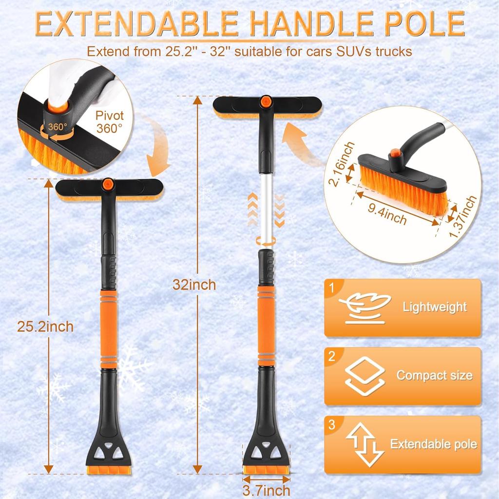 LivTee 32" Extendable Ice Scraper & Snow Brush For Car Windshield, 360° Rotating Snow Removal Tool For Cars, Trucks & SUVs, Automotive Winter