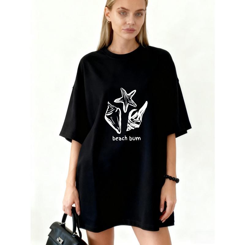 

Oversized T Shirt Black Starfish And Seashells Print Beach Bum Text Summer Casual Wear S чёрный