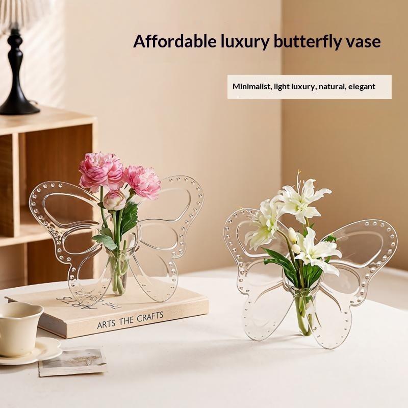 Ins Style Butterfly Shaped Clear Vase Plastic Frame Vase Water Plant Flower Vase Decoration Home Living Room Desktop Ornament