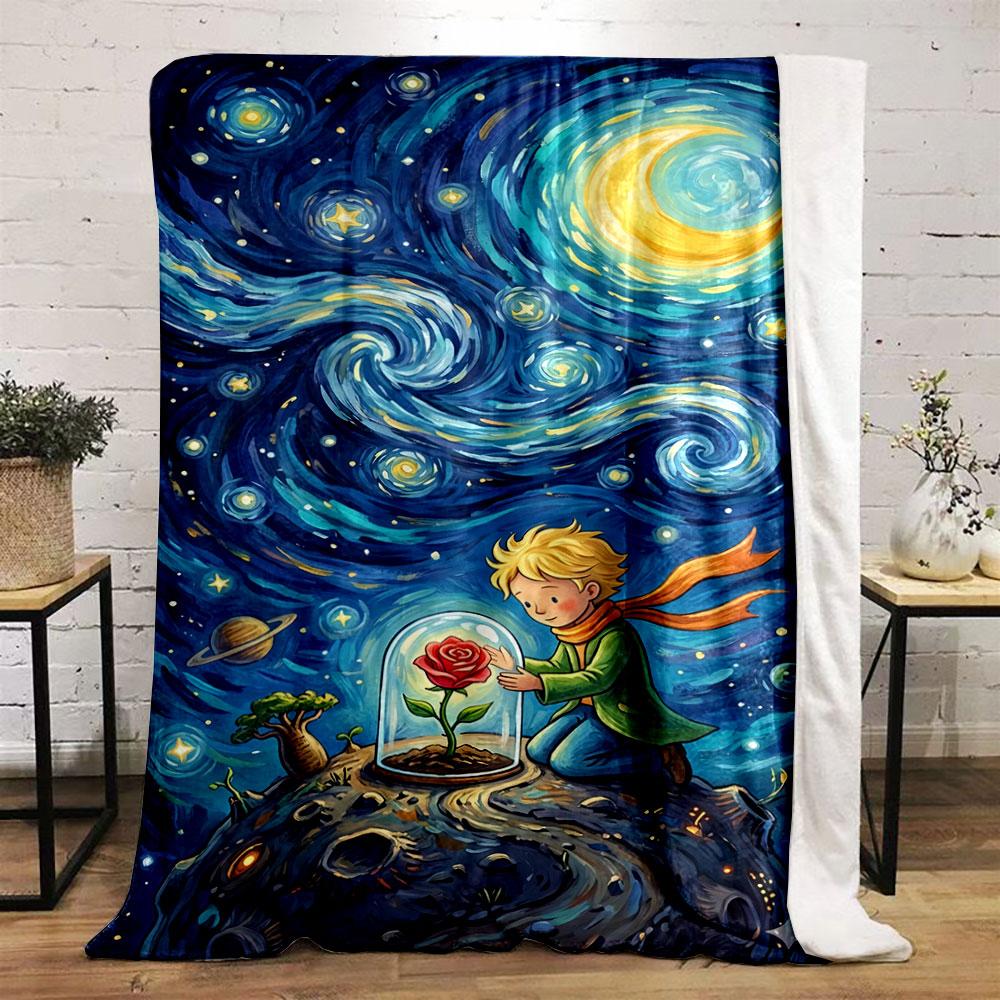 A swirling starry night sky with a rose under a glass dome on a planet. for all seasons blanket lunch break throw gift