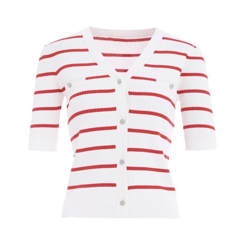 Fashionable Anti-aging Contrasting Striped V-neck Knitted Sweater for Women In Summer, Simple and Elegant Slim Fit Top