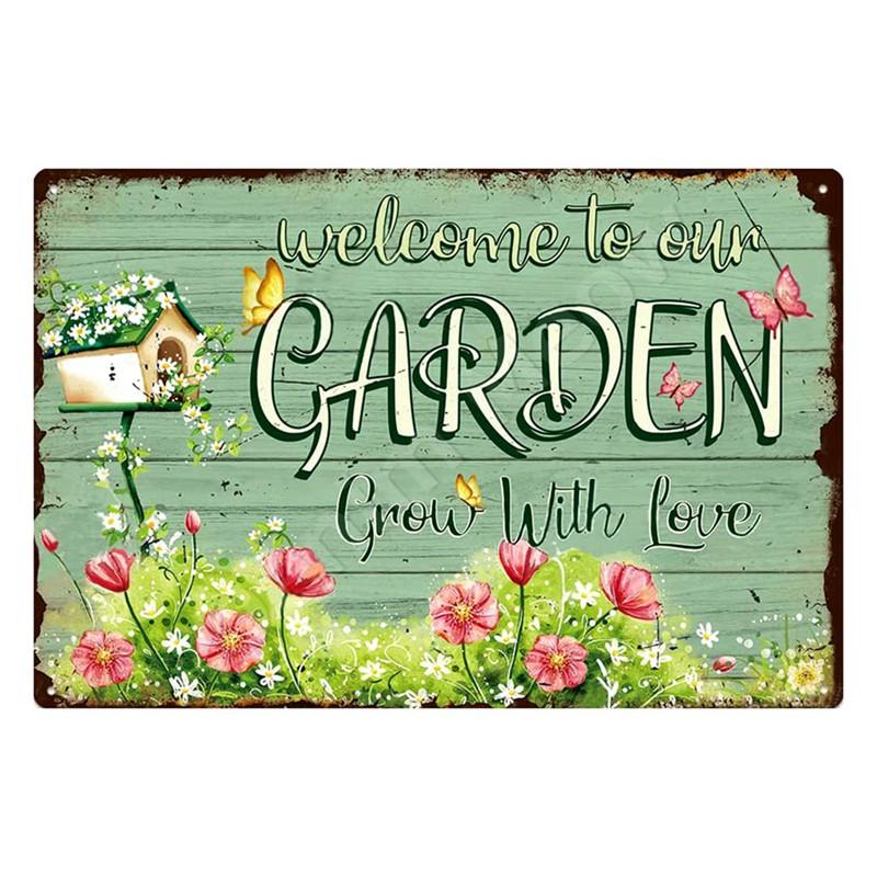 Welcome To Our Garden Metal Tin Signs, Dirty Hoe Wall Art, Sunflower Retro Poster for Home, Yard, Plants Decor, Garden Rule S