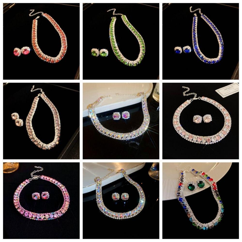 Retro Necklace Earrings Set Handmade Rhinestone Choker Necklace Crystal Necklace  Anniversary