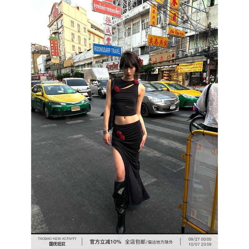 

0122stepll Drowning Knife Flower Irregular Hollow-out Vest & Fancy Elegant Long Mid-Length Dress Set