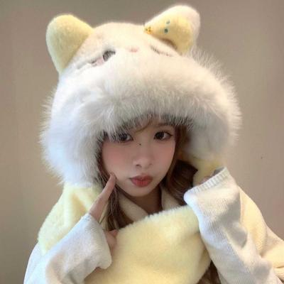 2025 New Cute Cat Plush Hat Scarf Gloves Integrated Women's Winter Warm Ear Protection Small Face Three-piece Set