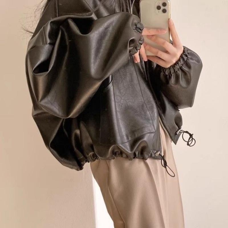 Autumn Winter Street Style Vintage Loose Casual Fashion PU Leather Coat Women Pocket Jacket Cardigan Top