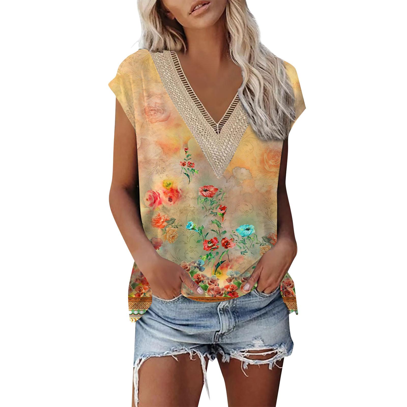 

Женская кружевная рубашка с коротким рукавом Футболка с V-образным вырезом Нарядные повседневные топы Реглан с коротким рукавом Кружевная вставка с короткими рукавами Удобный хлопковый топ XL жёлтый