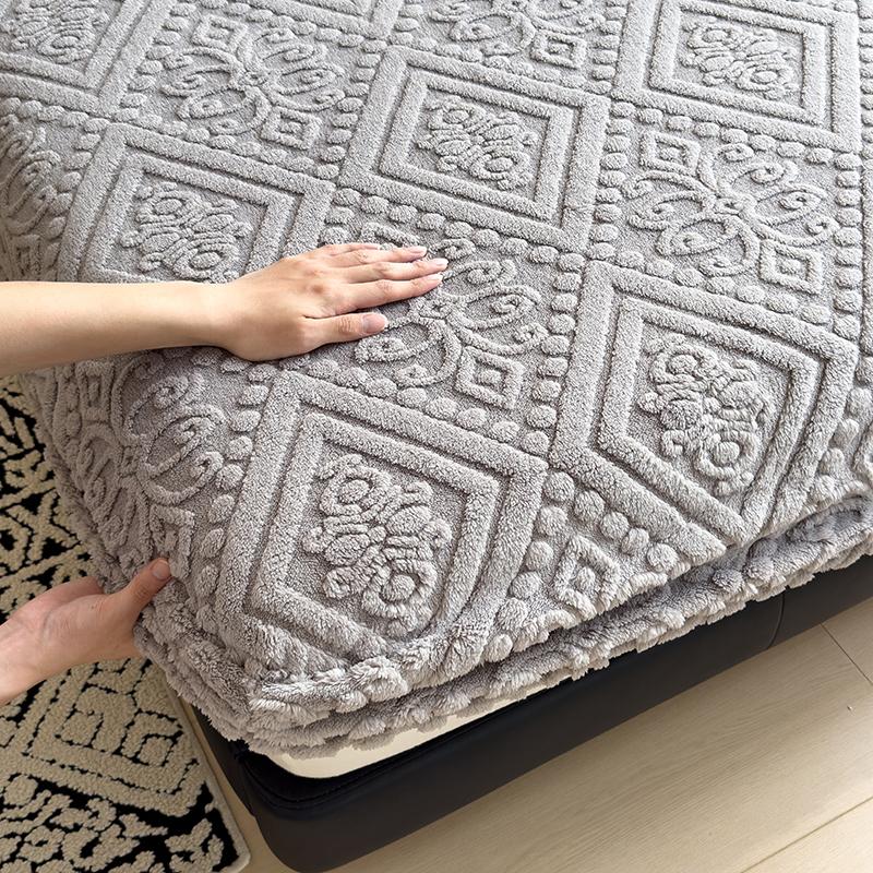 WOSTAR Winter Warm Coral Fleece Fitted Sheet Elastic Mattress Protector Cover Retro Style Bed Linens Luxury Double Bed King Size