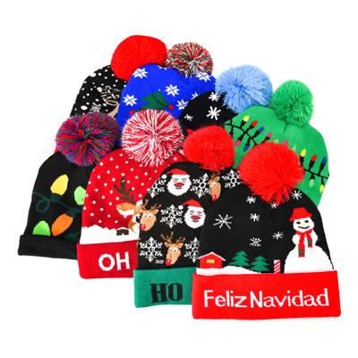 12 Stück LED Weihnachts-Pullover Mütze Leuchtende Weihnachts-Strickmütze Unisex Wintermütze mit haarigem farbigem Bommel