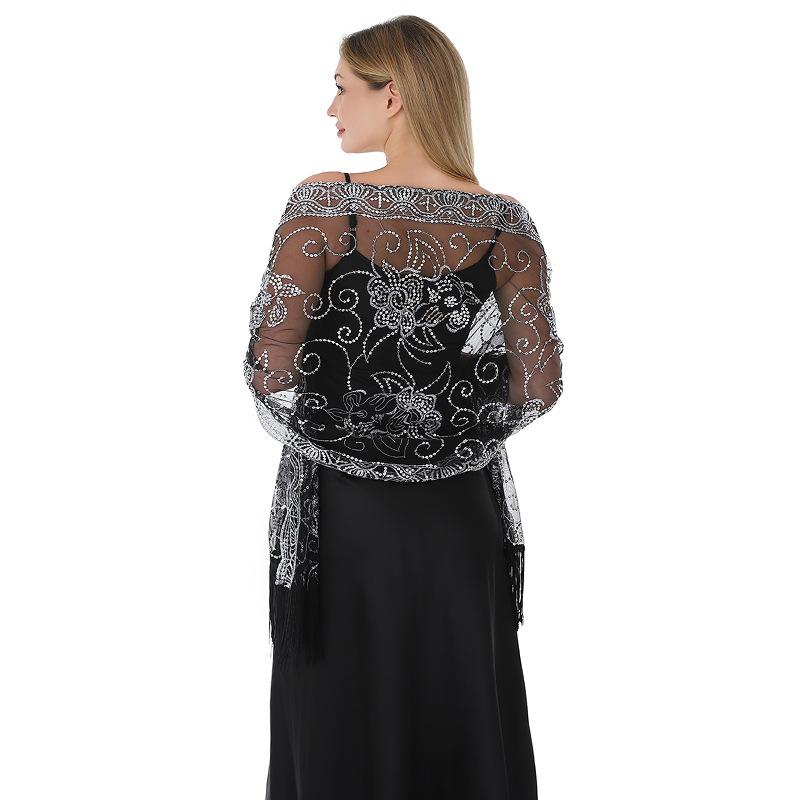 

60*190 см сетчатые пайетки шали и накидки для вечерних платьев шарфы для женщин пашмина 1920-х годов формальная кружевная бахрома шаль 60*190cm чёрный/серебряный