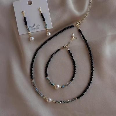 2025 Korean Style Black Spinel Pearl Necklace & Earrings Set with Elegant Thin Bracelet