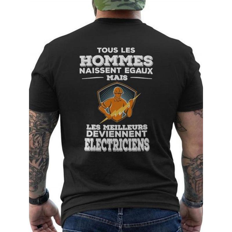 Humorous T-Shirt for Electricians - Features a French Slogan On The Back - Black, Short Sleeve, Round Neck - Casual Work Attire for Electricians -