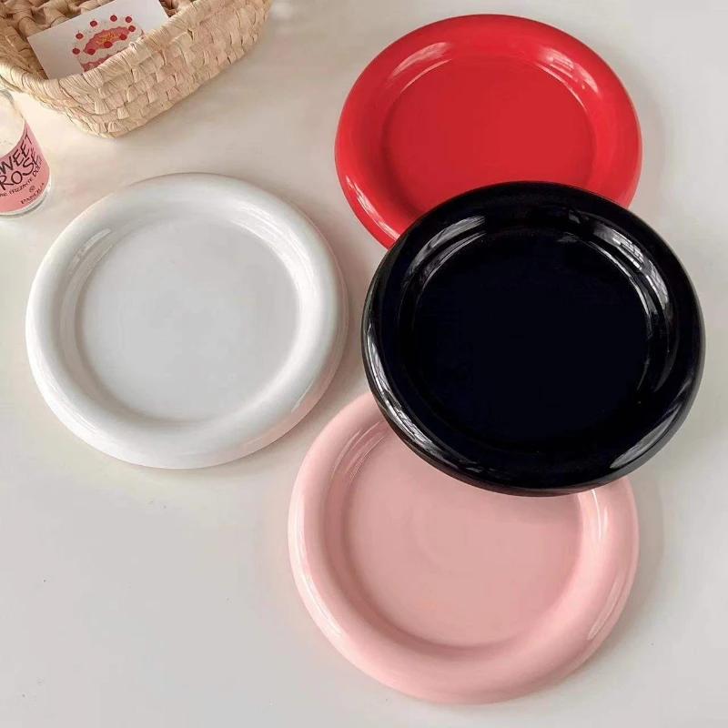 Round Ceramic Plate Solid Color Wind Thick Edge Western Plate Creative Nordic Style Tableware Dessert Plate Steak Pasta Plates