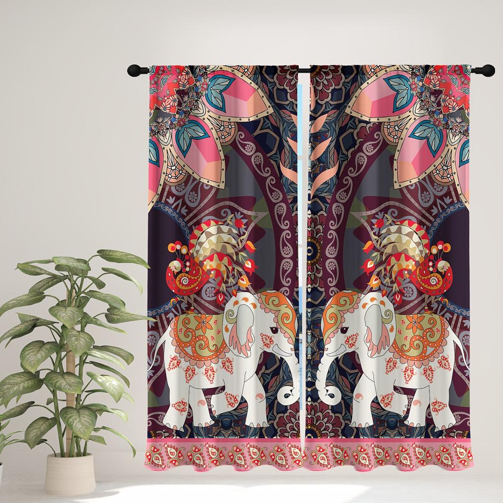 2pc Colorful Bohemian Curtain Rod Pocket Hook Mount Digital Printed Curtain Polyester Material For Living Room Kitchen Bedroom